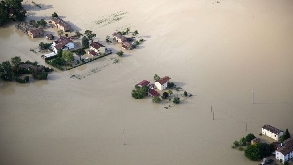 houses underwater during the flooding in Emilia Romagna, May 2023