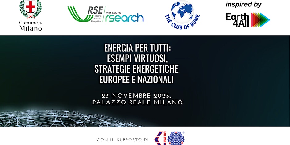 Card for an event, name of the event written in Italian: ENERGIA PER TUTTI: ESEMPI VIRTUOSI, STRATEGIE ENERGETICHE EUROPEE, NAZIONALI