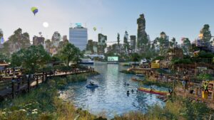 A futuristic, positive image of the New York skyline with green buildings, people enjoying nature, a citizens assembly taking place and local food being enjoyed