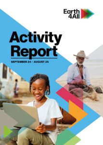 Report cover with colourful arrows, a smiling black girl sitting at a computer, and an older fisherman with a net